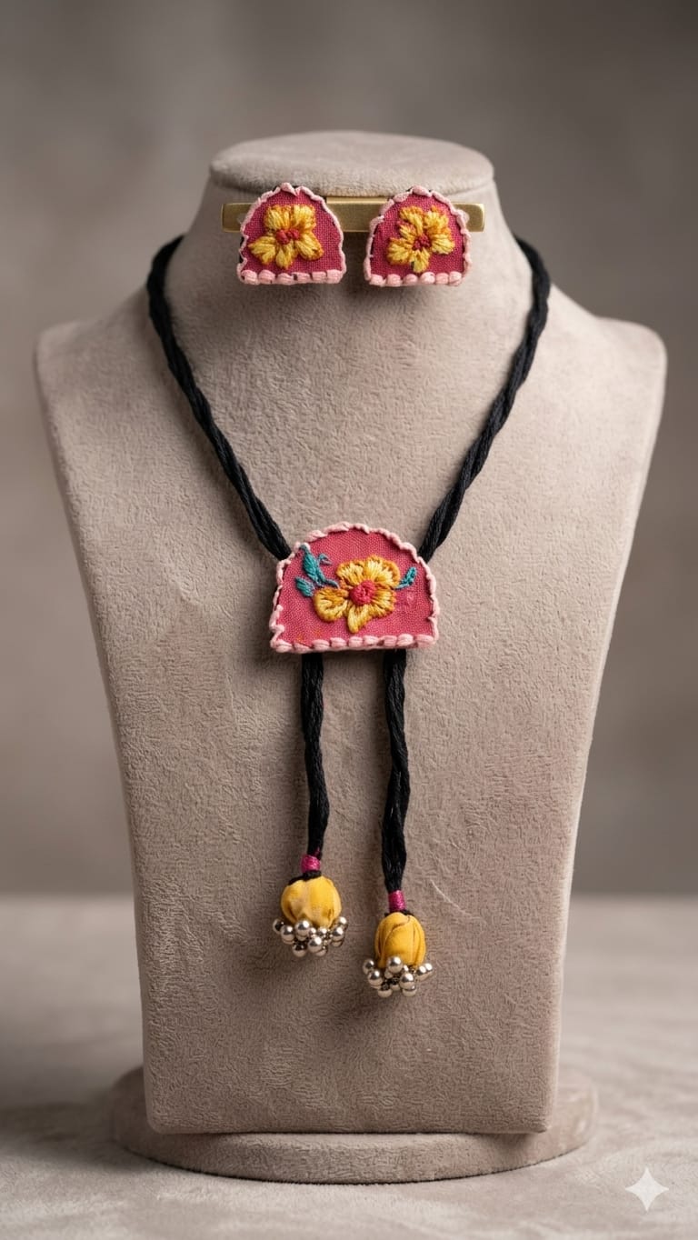 Floral Hand Embroideried Tie chain with stud earrings