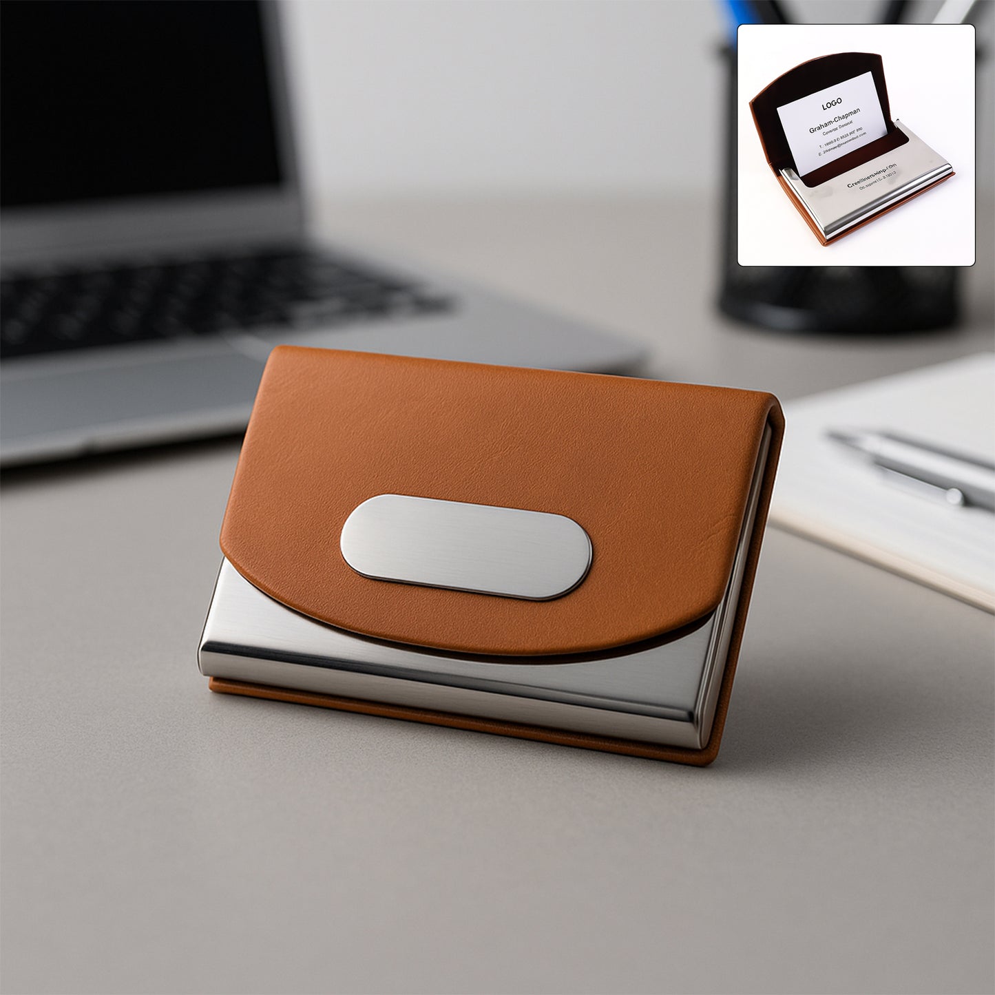Leather Stainless-steel Business Card Holder (1 Pc)