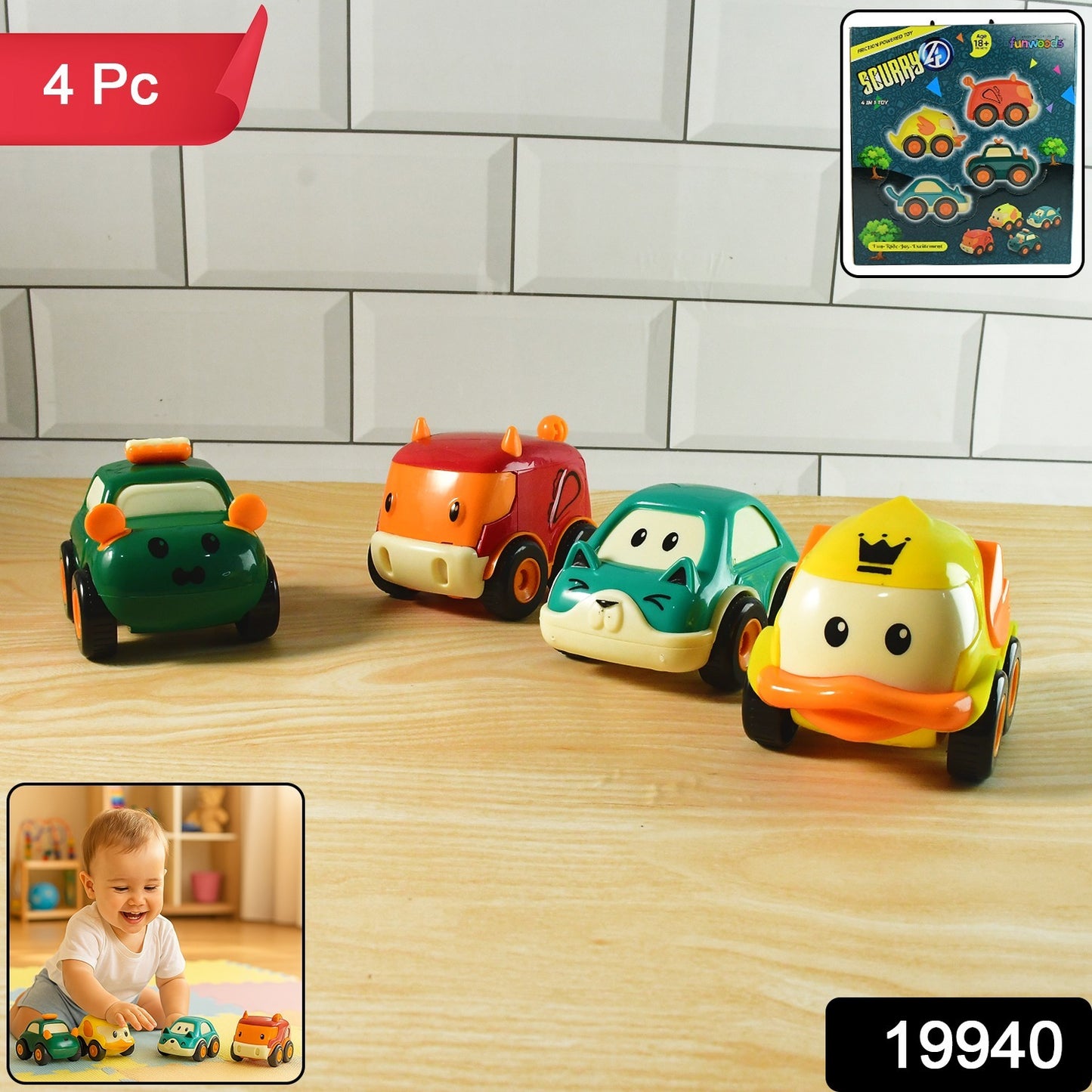 Funwoods Animal Cartoon Pull-back Toy Car - (4 Pc Set)