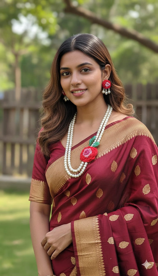 Ruby Bloom Pearl Embroidery Jewellery Set