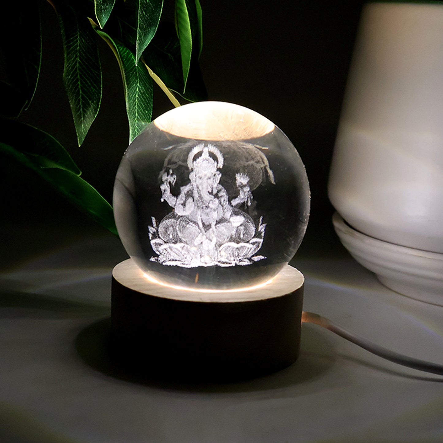 Ganpati 3d Crystal Ball Lamps With Wood Base