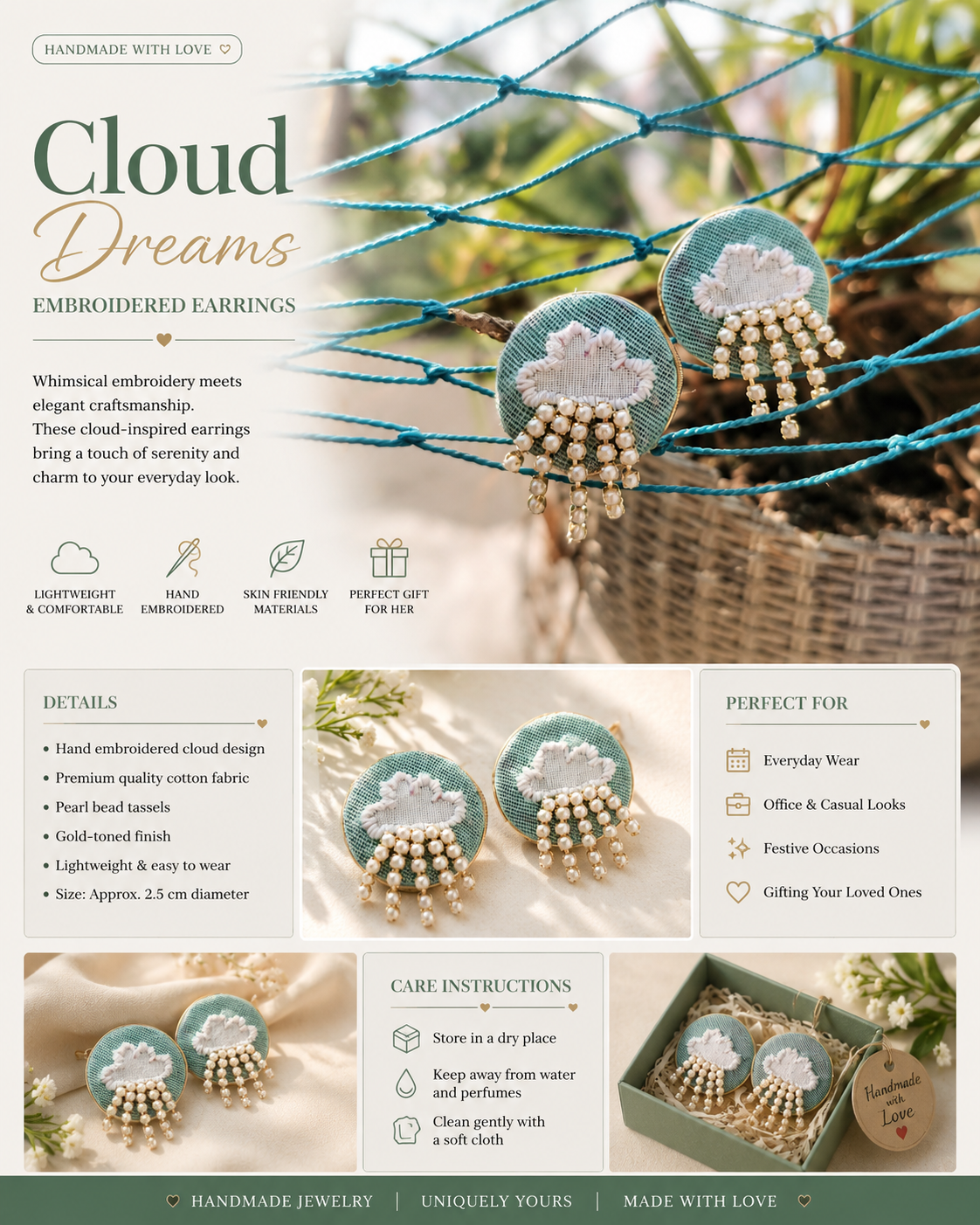 Cloud Pearl Embroidery Earrings