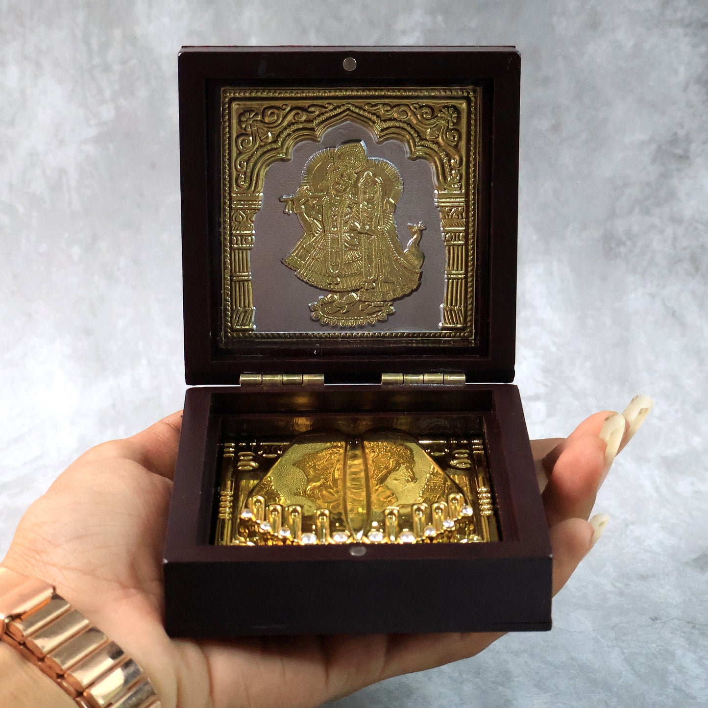 Golden Charan Paduka In Wooden Box  Spiritual Gift  Pooja Accessory