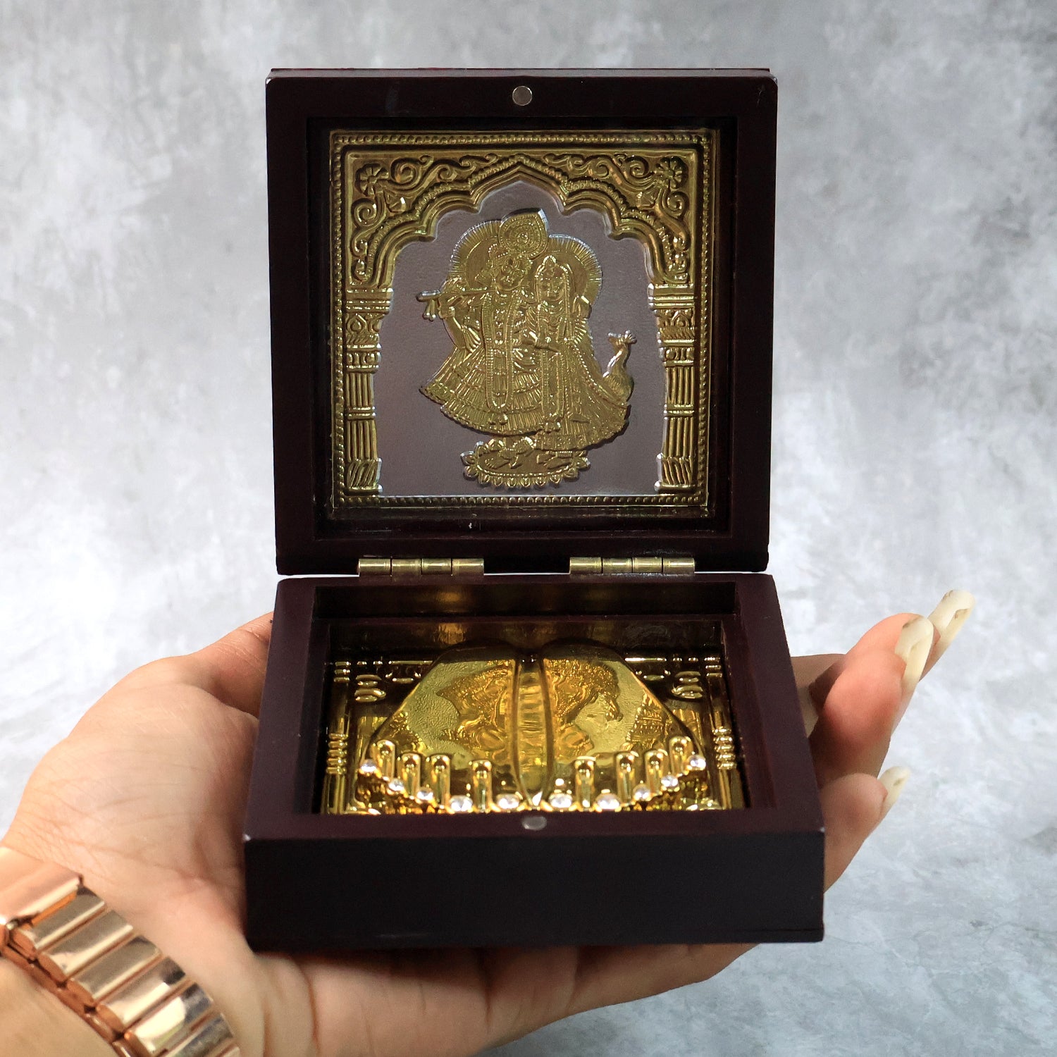 Golden Charan Paduka In Wooden Box  Spiritual Gift  Pooja Accessory