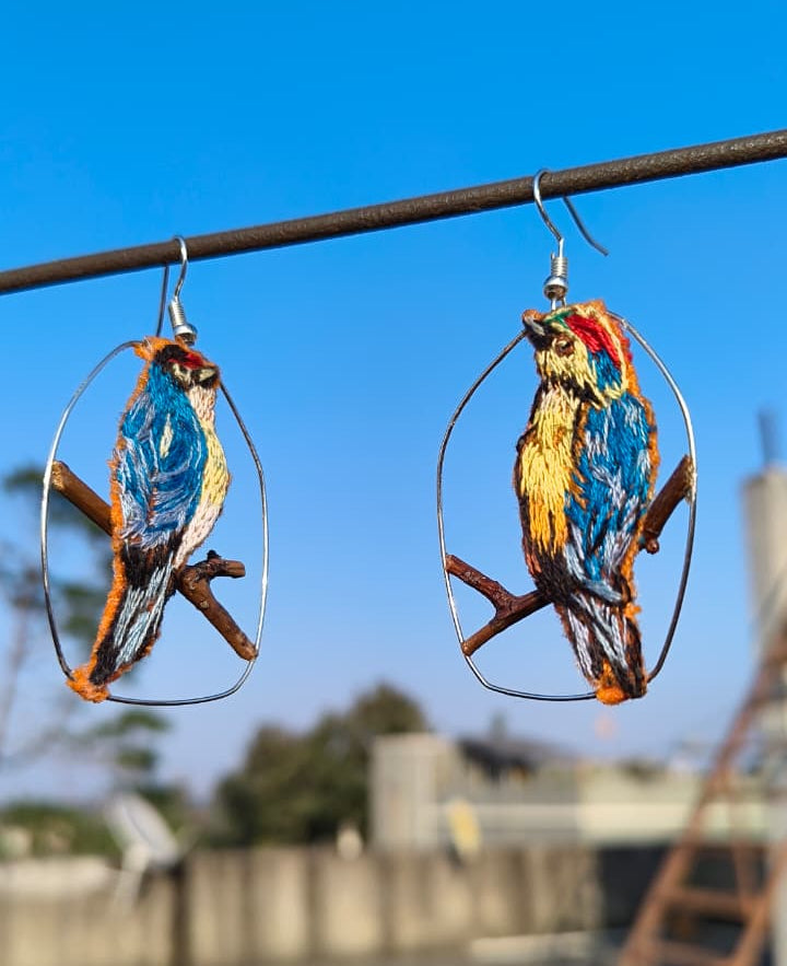 🐦 Hand-Embroidered Bird Hoop Earrings