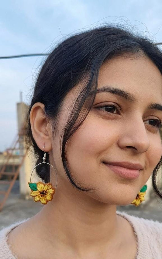 🌼 Sunflower Bloom Hand-Embroidered Hoop Earrings