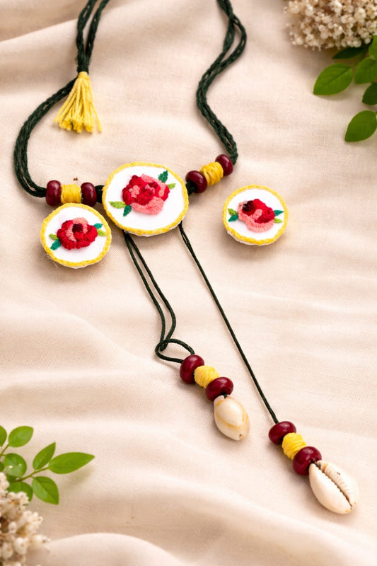 Handcrafted Floral Embroidery Choker Set with Cowrie Shell Detailing