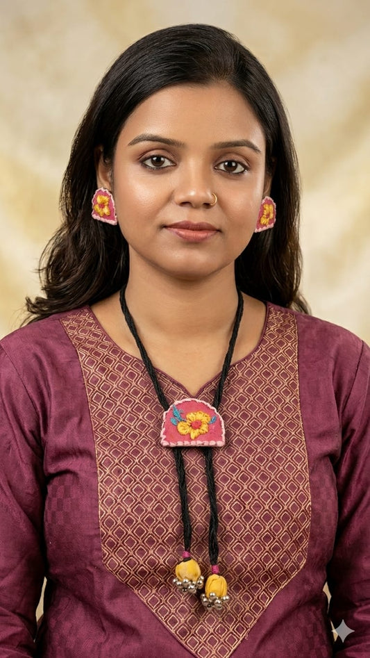 Floral Hand Embroideried Tie chain with stud earrings