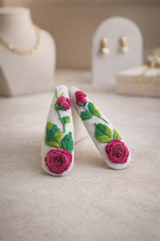 Hand Embroidered Floral Hair Clips